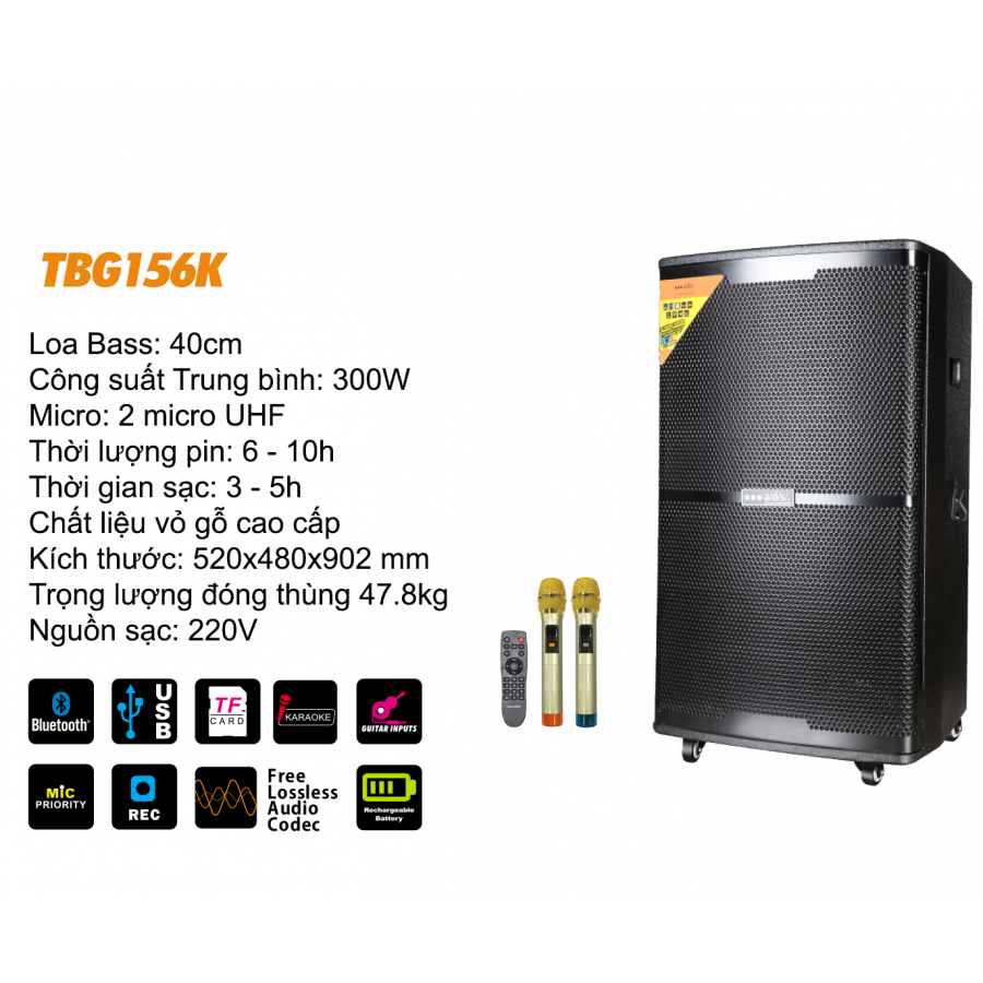 Loa kéo di động A/D/S TBG-156K chính hãng. Tặng kèm 2 mic cầm tay